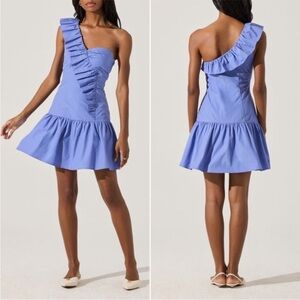 ASTR‎ The Label One-Shoulder Ruffle Periwinkle Blue Dress Drop Waist Mini Small